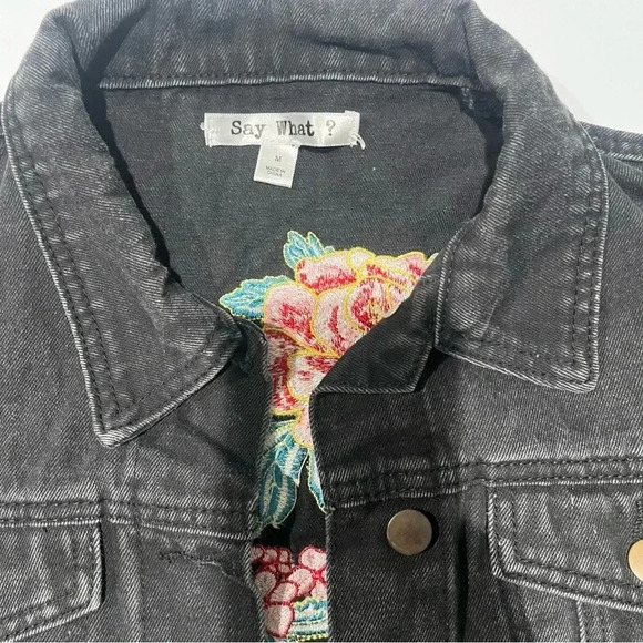 Dark Wash Denim Cropped Jean Jacket Embroidered Back Design Flowers Medium Women - Picture 3 of 6